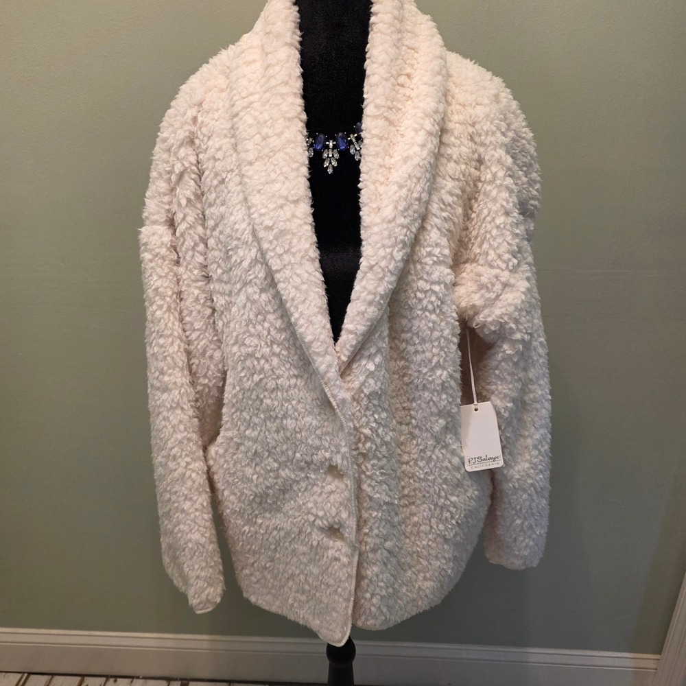 PJ Salvage Cream Sherpa Fleece Shawl Collar Button Cardigan Jacket Large NEW